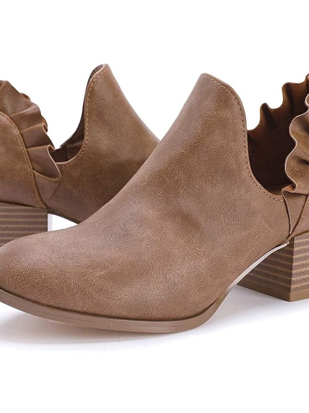 Womens Fall Cutout Booties Ankle Heels Low Stacked Ruffle Slip On Dress Short